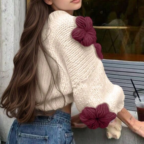 White And Red Boho Women's Jacquard Floral Patchwork Knit Cardigan - Picture 2 of 6